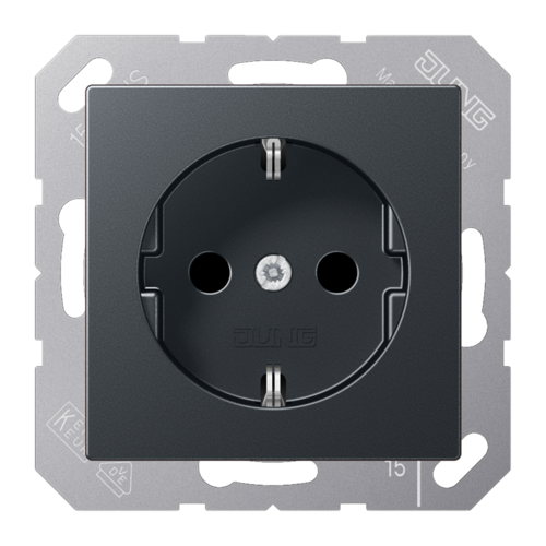 Розетка JUNG А-СЕРИЯ, скрытый монтаж, с заземлением, со шторками, матовый антрацит